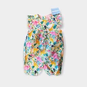 JoJo Maman Bebe Pretty Ruffle Shoulder Sunsuit Tropical Animals 0-3 Months NWT